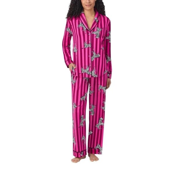 NEW Room Service Women's L Shawl Collar Pajama Set Pink Zebra & Stripe Pattern - Picture 1 of 11
